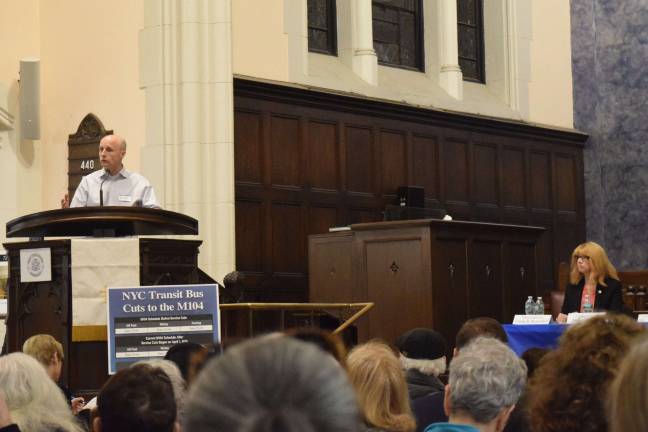 NYCT President Andy Byford addressed Upper West Side transit riders at an April 19 forum hosted by Assembly Member Linda Rosenthal. Photo: Michael Garofalo