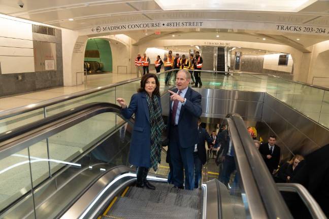 Governor Kathy Hochul and MTA Chair and CEO Janno Lieber, here at the inaugural train run into the LIRR’s Grand Central Madison in January, are said to be at odds over a plan being pushed by Lieber’s MTA predecessor Pat Foye who now heads the North American operations of construction company ASTM. Photo: Office of Gov. Hochul