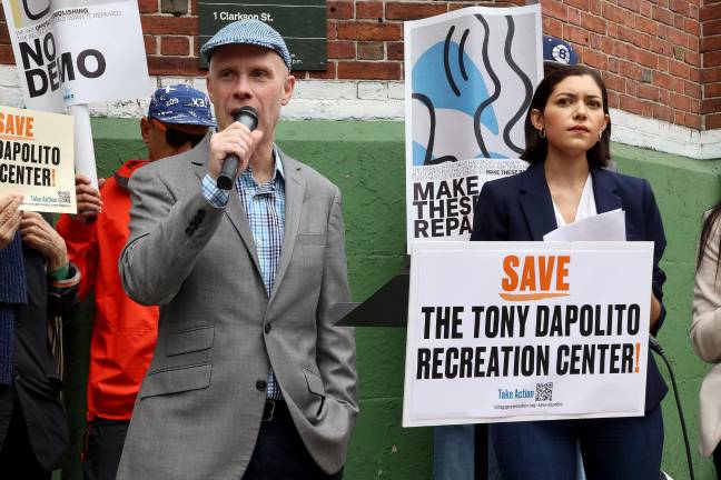 Village Preservation Executive Director Andrew Berman at an Oct. 8 rally in front of the Tony Dapolito Rec. Center, denouncing its possible demolition.