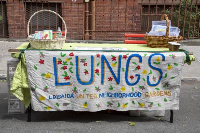 Tabling of LUNGS organization (Loisaida United Neighborhood Gardens) on 8th Street and Avenue B.