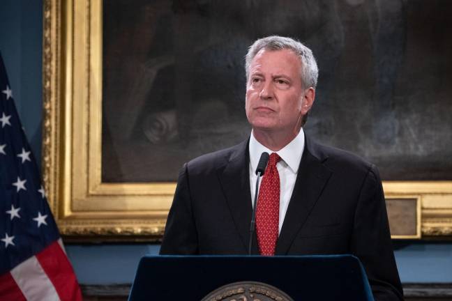 Mayor Bill de Blasio holds a press conference at City Hall after an NYPD judge recommend firing Officer Daniel Pantaleo on Friday, August 2, 2019.