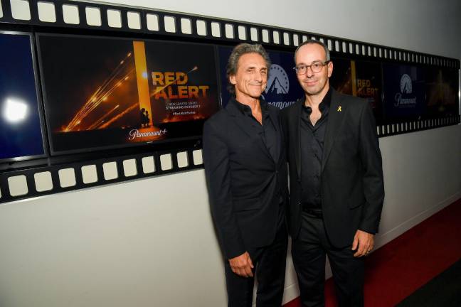 Lawrence Bender (left), executive producer of the Paramount+ miniseries <i>”Red Alert</i>,” and writer-director Lior Chefetz outside the theater in the Paramount Building at 1515 Broadway, Oct. 6, 2025.