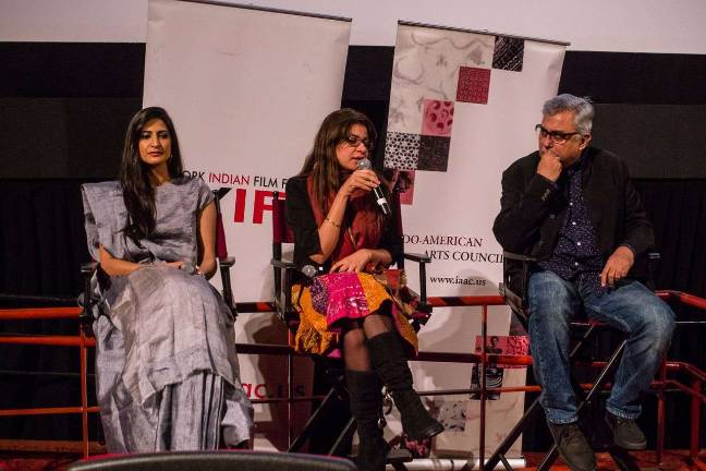 Actress Aahana Kumra (left) and director Alankrita Srivastava (center) at Q&amp;A after screening of “Lipstick Under My Burkha,” with moderator Aseem Chhabra. Photo: Maria Boyadjieva