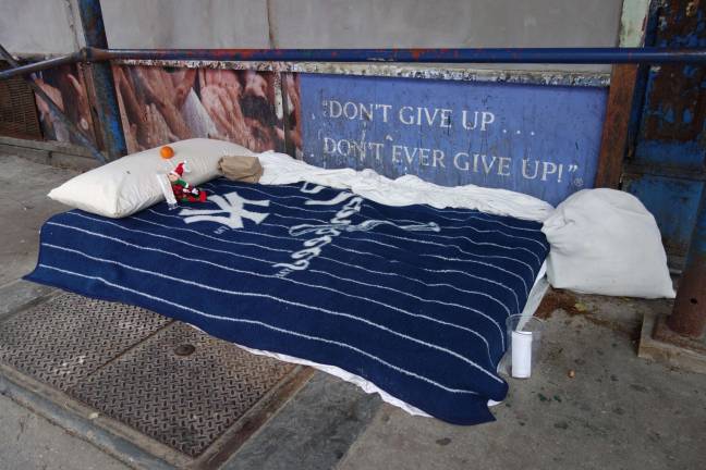 On 22nd St. and Seventh Avenue, the tidiest homeless encampment in Chelsea. Photo: Deborah Fenker