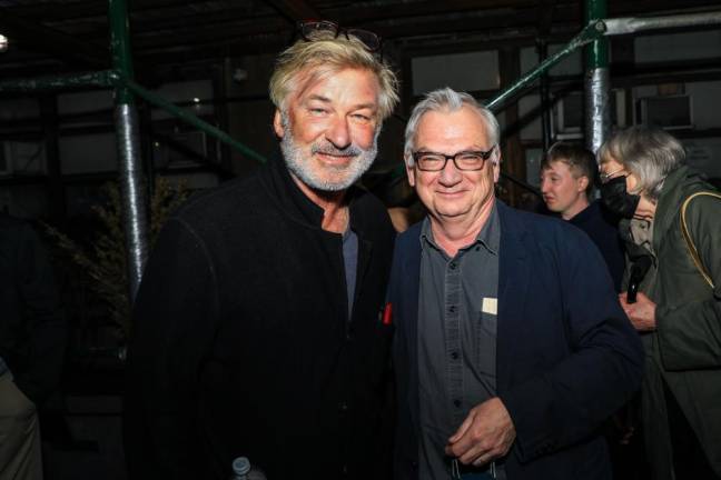 Richard Nelson (right) with Alec Baldwin on the opening night of “What Happened: the Michaels Abroad.” Photo: Tricia Baron