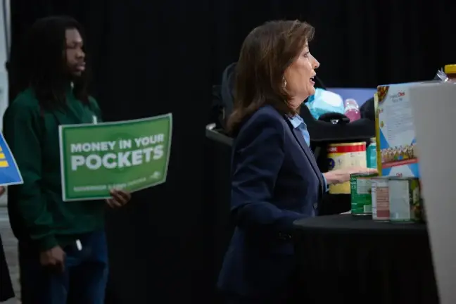 Governor Kathy Hochul speaks at the Vanderbilt YMCA in Midtown about providing tax breaks to families, April 30, 2025.