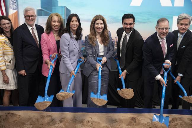 Lisa Silverstein of Silverstein Partners and NYC officials including NYS Senator Brian Kavanagh, Assembly member Grace Lee, City Council speaker Julie Menin, Mayor Zohran Mamdani, comptroller Mark Levine and Manhattan borough president Brad Hoylman-Sigal were present July 9 at the groundbreaking of the new American Express Tower at 2 World Trade Center.