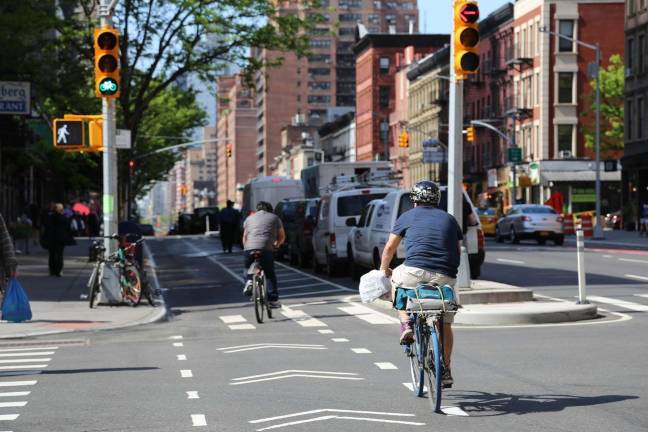 The Second Avenue Subway Transit Garden on the Upper East Side, configured earlier this year, includes a protected bike lane. Photo: New York Department of Transportation