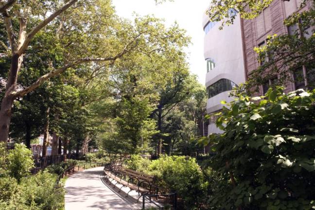 The redesigned Theodore Roosevelt Park in front of the Richard Gilder Center for Science and Innovation at the American Museum of Natural History located at 200 Central Park West is now open to the public after a contentious battle over trees when the plan was first unveiled five years earlier. Photo: Beau Matic