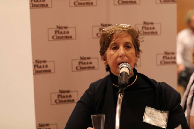 Norma Levy, a founding member of the New Plaza Cinema coalition, at an August 17 tribute at the JCC to Dan and Toby Talbot, co-owners of the original Lincoln Plaza Cinemas. Photo courtesy of New Plaza Cinema