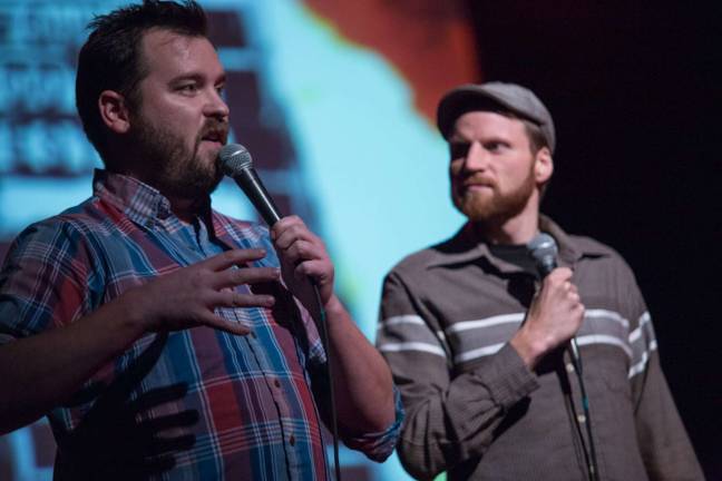 Found Footage Festival hosts Joe Pickett and Nick Prueher got booked on three local morning news shows by claiming to be a strongman duo called Chop &amp; Steele. Photo courtesy of Found Footage Festival