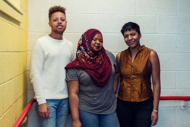 Left to right: Poet and performer Najee Omar and visual artist and writer Kameelah Janan Rasheed, advisors on The Shed's DIS OBEY pre-opening program for young artists, with&#160;The Shed's&#160;assistant producer of partnership productions, Maria Fernanda Snellings. Photo courtesy of The Shed