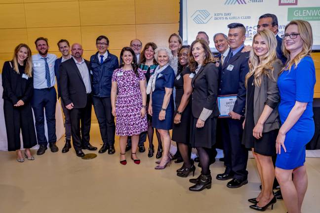 The 2018 DOTTY Honorees with Our Town Downtown Publisher Jeanne Straus, Editor in Chief Alexis Gelber, and emcee Bree Driscoll of NY1. Photo: Steven Strasser