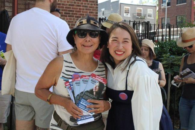 Yuh-Line Niou (right) campaigning. Photo courtesy of Yuh-Line Niou’s campaign