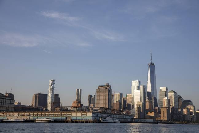 A view of Manhattan’s skyline from the Hudson River before the Sail4th 250 Parade of Sail.