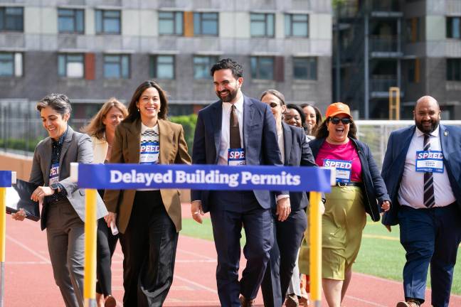 Mamdani’s announcement garnered support from Carlina Rivera (pictured center-left), the former City Council Member and now-CEO of the New York State Association for Affordable Housing.