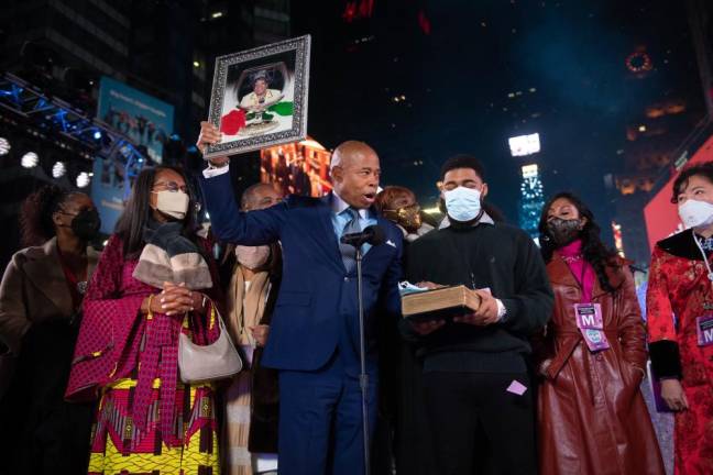Mayor Eric Adams is sworn in as the 110th Mayor of New York City in Times Square minutes after midnight on Saturday, January 1, 2022. Photo: Michael Appleton/Mayoral Photography Office