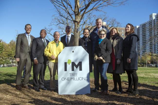 Then-Mayor Bill de Blasio (back row) and former Mayor Michael Bloomberg (yellow jacket), Bette Midler (front right) and city officials celebrated the planting of the one millionth tree of the MillionTreesNYC initiative two years ahead of schedule, November 20, 2015 in Joyce Kilmer Park, Bronx. Photo: Demetrius Freeman/Mayoral Photography Office