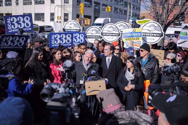 “The governor and they mayor have decided to throw Jeff Bezos almost $3 billion in subsidies and tax breaks and throw in a helipad so he doesn’t have to take the damn 7 train when we are several blocks from the Queensbridge Houses,” Queens Council Member Jimmy Van Bramer said at a protest against the deal to bring Amazon offices to Long Island City. Photo: NYC Council, via Twitter.