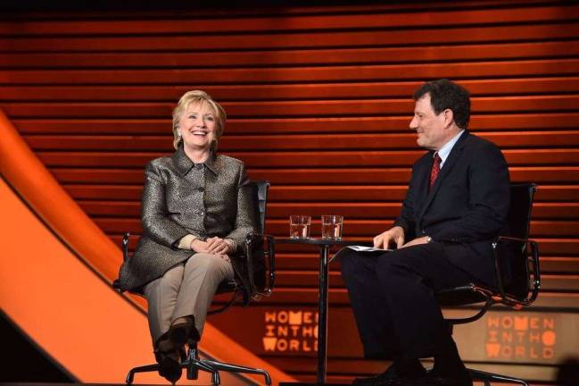 Hillary Clinton with Nicholas Kristof. Photo courtesy of&#xa0;Tina Brown&#x2019;s Women in the World Summit