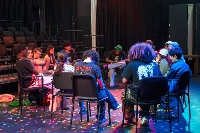 Students of Repertory Company High School for Theatre Arts attend class in the school’s black box theatre.