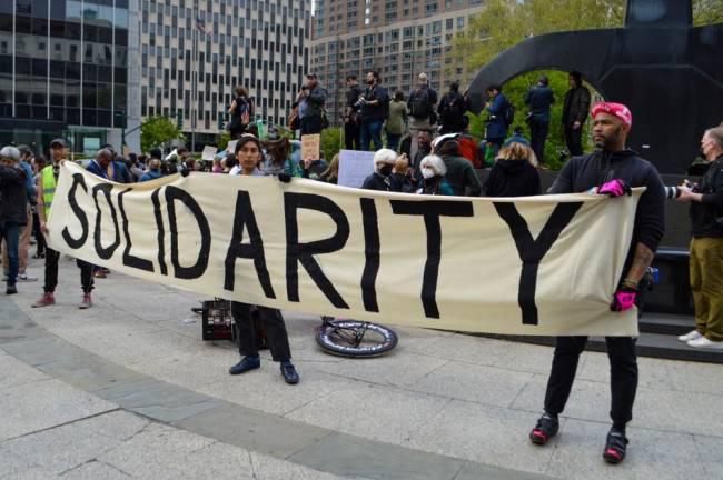 Men at the protest at Foley Square on May 3. Photo: Abigail Gruskin
