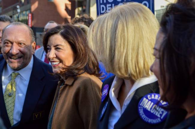 Gov. Kathy Hochul was joined by Rep. Carolyn Maloney in Manhattan on the morning of Election Day. Photo: Abigail Gruskin