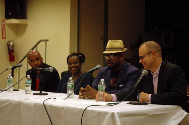 From left, Andre Kimo Stone Guess, Camille Thurman, Christian McBride and moderator Todd Weeks talk about marketing jazz in a changing, and already challenging, music industry. Photo: James K. Galloway