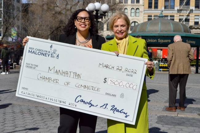 Manhattan Chamber of Commerce President and CEO Jessica Walker (left) posed with Maloney (right) in Union Square on Tuesday, March 22. Photo: Abigail Gruskin