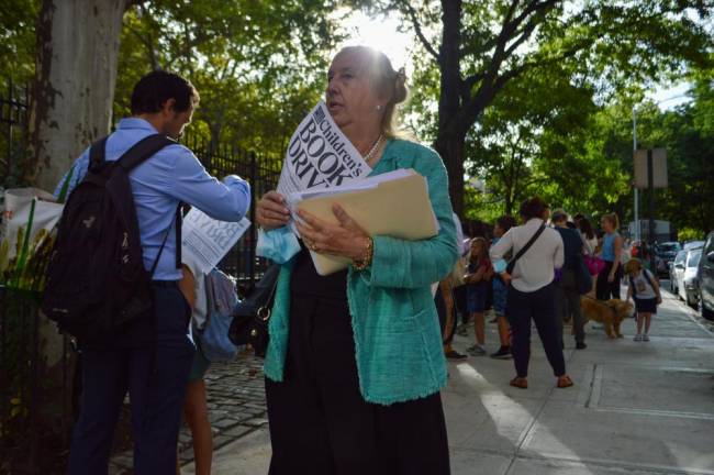 Upper West Side Council Member Gale Brewer handed out informational flyers at P.S. 87 on the morning of September 8. Photo: Abigail Gruskin