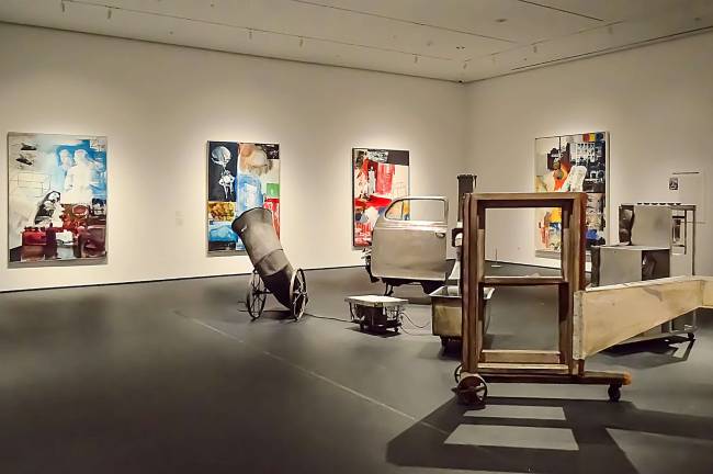 A gallery of works from the 1960s includes classic paint and silkscreen compositions surrounding a five-part found-metal assemblage with running water and concealed remote-controlled radios. Photo: Adel Gorgy