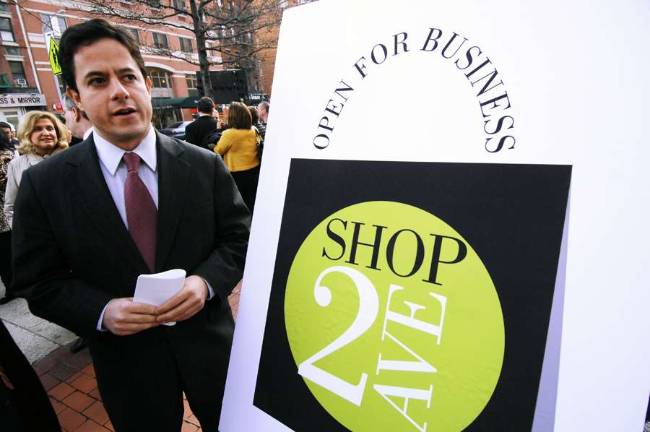 City Council Member Dan Garodnick attends a "Shop Second Avenue" event in front of Stanley Schoen Glass &amp; Mirror at 96th Street during disruptive subway construction in 2008. Photo: William Alatriste / City Council