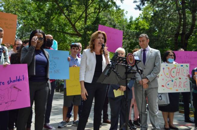 Council Member Julie Menin and her supporters gathered near City Hall on Thursday. Photo: Abigail Gruskin