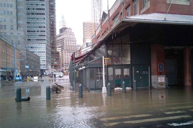 Flooding in the South Street Seaport area caused by Hurricane Sandy in 2012. Photo: NYC Department of Small Business Services