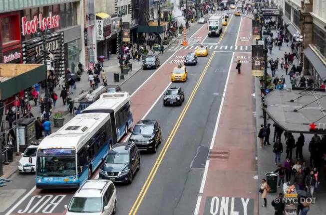 Currently, 34th Street has a dedicated bus lane but also allows cars. Under the new bill that passed the City Council on Aug. 14, for Midtown South redevelopment, cars will be banned and it would be a busway only thru-fare.