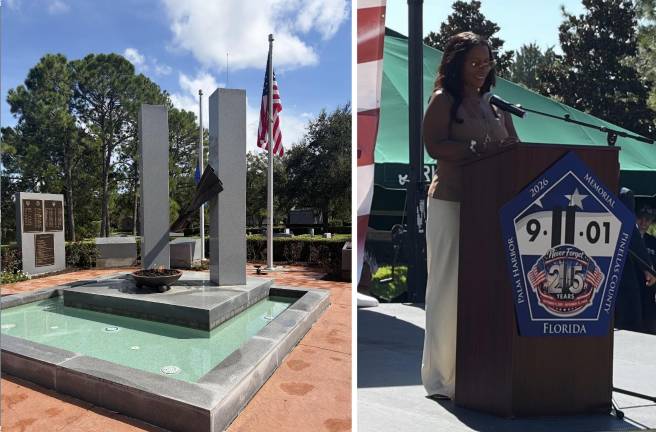 The 9/11 Memorial at Curlew Hills Memory Gardens (left); 9/11 survivor Ganelle Guzman-McMillan