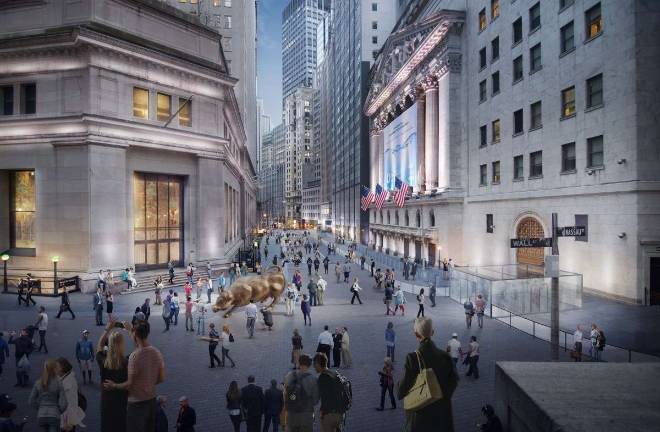 Renderings released by Downtown Alliance show the Charging Bull statue relocated from Bowling Green to the corner of Wall and Broad Streets. Mayor Bill de Blasio announced in April that the city intends to move the bull and the Fearless Girl statue to the vicinity of the New York Stock Exchange due to pedestrian safety issues at the statues' current location. Rendering: WXY Architecture + Urban Design