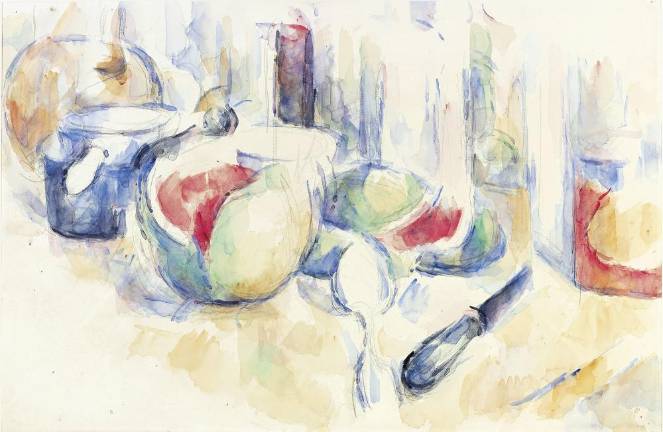 Paul Cézanne. Still Life with Cut Watermelon (Nature morte avec pastèque entamée). c. 1900. Pencil and watercolor on paper, 12 3/8 × 19 1/8″ (31.5 × 48.5 cm). Fondation Beyeler, Riehen/Basel. Beyeler Collection. Photo: Peter Schibli