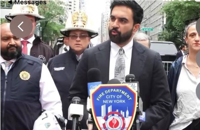 Mayor Zohran Mamdani addresses the press at the scene of the former Pfizer HQ where there was a partial collapse of several floors in the 38 story building that is being converted to residential housing.