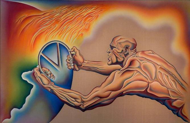 Chicago presents images of male aggression and power, and where they have led, in works like “Driving the World to Destruction,” 1985. Sprayed acrylic and oil on Belgian linen, 108 x 168 inches. Photo: Adel Gorgy.