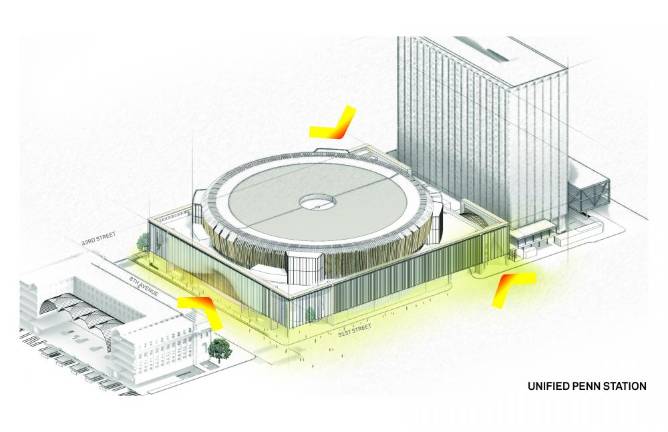 Artist’s rendering of a re-set of Penn Station with a new grand entrance (left) on the Eighth Ave. side. The proposal is drawing attention in the wake of news that Vornado is planning to finish only two of the original ten office towers it was going to build in the neighborhood. Photo: Zhenhuan Xu, ASTM