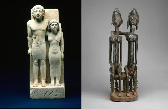 At the Metropolitan Museum (Left): “The King’s Acquaintances Memi and Sabu” From Egypt, probably from, Giza, Western Cemetery; Old Kingdom, Dynasty 4 (ca. 2575–2465) acquired from L. Stern, 1948. (Right): Dogon artist; Mali. “Seated Couple,” 18th–early 19th century. Wood, metal. Gift of Lester Wunderman, 1977