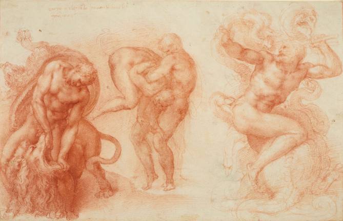 Michelangelo Buonarroti (Italian, Caprese 1475–1564 Rome). “Three Labours of Hercules.” 1530–33. Drawing, red chalk; 10 11/16 x 16 5/8 in. ROYAL COLLECTION TRUST/© HER MAJESTY QUEEN ELIZABETH II 2017. www.royalcollection.org.uk"www.royalcollection.org.uk