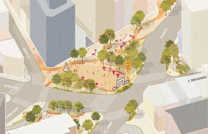 Rendering for the proposed redesign of Chatham Square, images pending review and approval from the Public Design Commission. Rendering prepared by MARVEL.