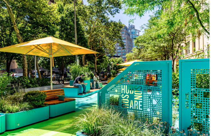 The plaza was built with $774,000 out of a $4.5 million state grant given to Hudson Square, a relatively recent addition to Manhattan’s neighborhood map.
