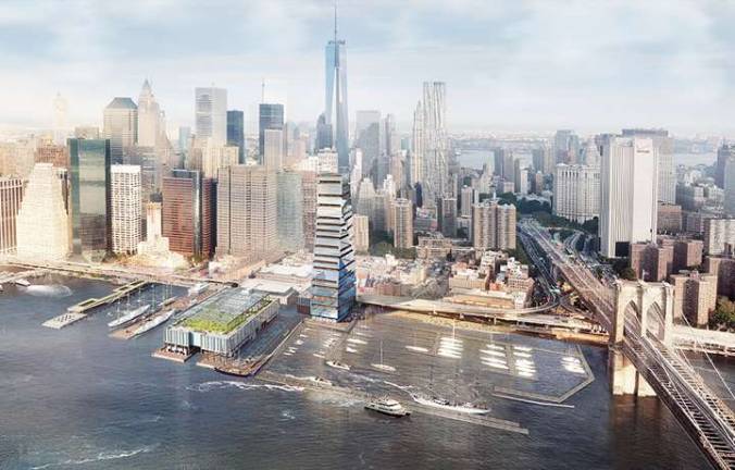 A rendering of Howard Hughes' last proposal for a luxury residential tower on the site of the New Market Building at the South Street Seaport. A Howard Hughes official has since said the company is exploring a 'significant reduction in height to the proposed building.'