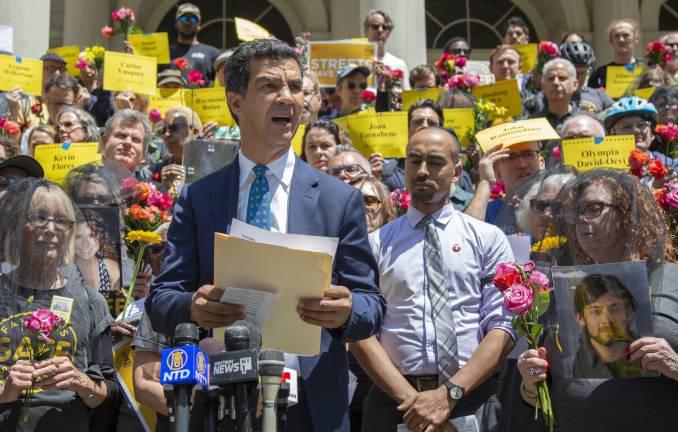 Ydanis Rodriguez, chair of the City Council’s transportation committee, spoke at a rally for street safety legislation on the steps of City Hall on May 8.