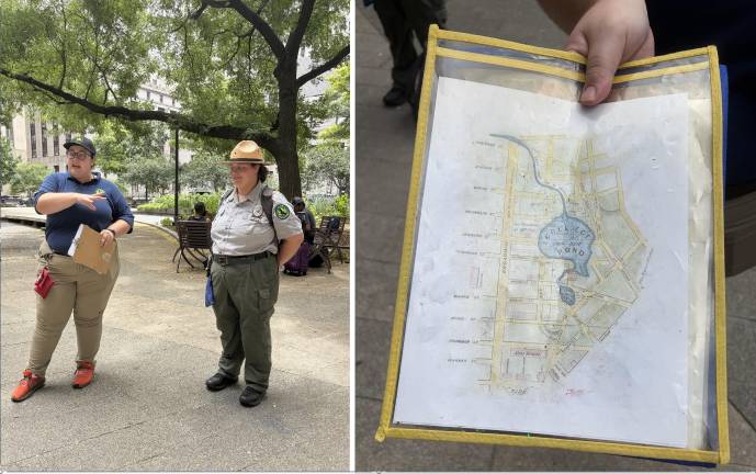 Urban Park Rangers talk about Manhattan water history during a program starting at Collect Pond Park.