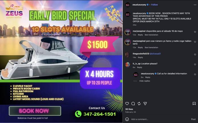 A Zeus Luxury Rental ad posted on Instagram Feb. 20. The image is an East River Manhattan skyline collage and a different model boat than that which capsized on Aug. 8.