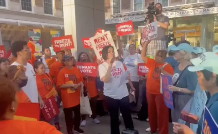 Tenant organizers, including those rallying at a 2025 meeting of the RGB (pictured above), have demanded a rent freeze. Such a freeze was a central plank of Mayor Zohran Mamdani’s platform.